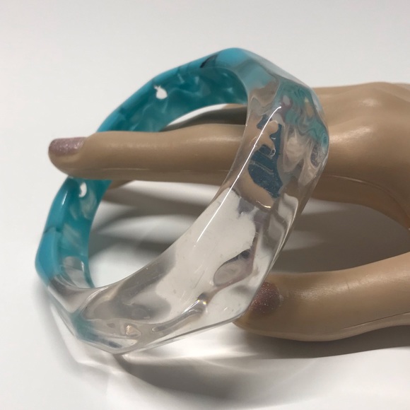 Translucent Clear and Blue Asymmetrical Funky Fun Chunky Bangle Bracelet - Picture 5 of 5